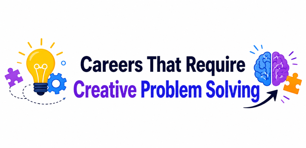 A clean horizontal banner featuring the title “Careers That Require Creative Problem Solving” in bold typography, with a light bulb and gear icon on the left representing ideas and innovation, and a colorful split brain graphic with puzzle elements and an arrow on the right representing creativity and analytical thinking on a white background.