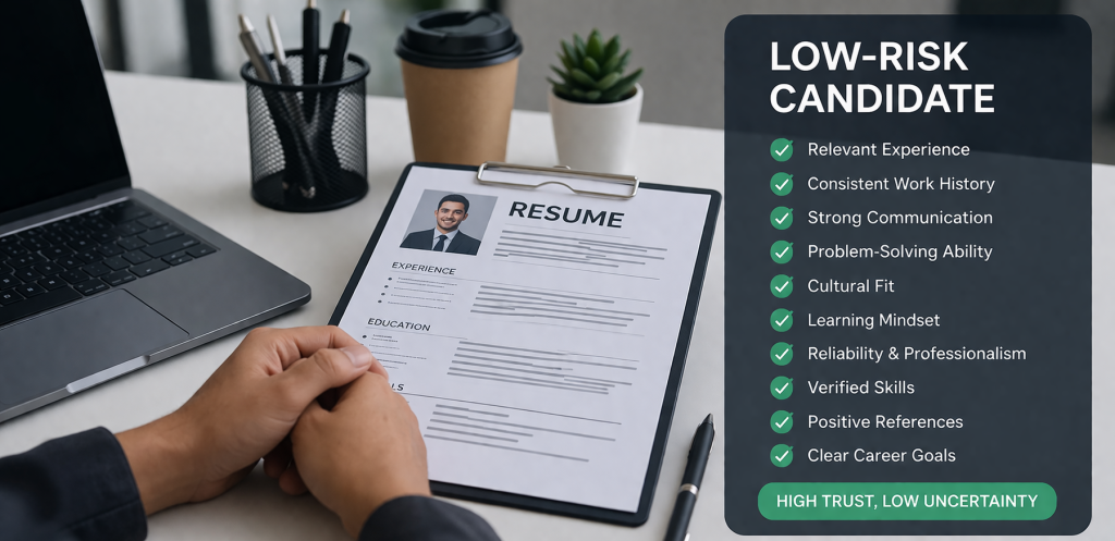 A clean, modern desk workspace with a resume placed on a clipboard beside a laptop and office items. A highlighted panel titled “Low-Risk Candidate” lists key traits such as relevant experience, communication skills, consistent work history, problem-solving ability, cultural fit, and reliability, emphasizing “High Trust, Low Uncertainty.”