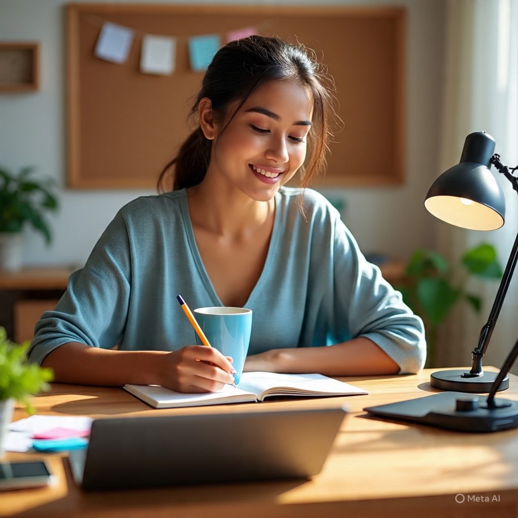 A young South Asian woman sits at a wooden desk in a warm, sunlit home office, smiling as she writes in a notebook while holding a blue coffee mug. A laptop, tablet, sticky notes, and a desk lamp are placed neatly around her, with a corkboard and indoor plants in the softly blurred background, creating a calm and productive workspace.