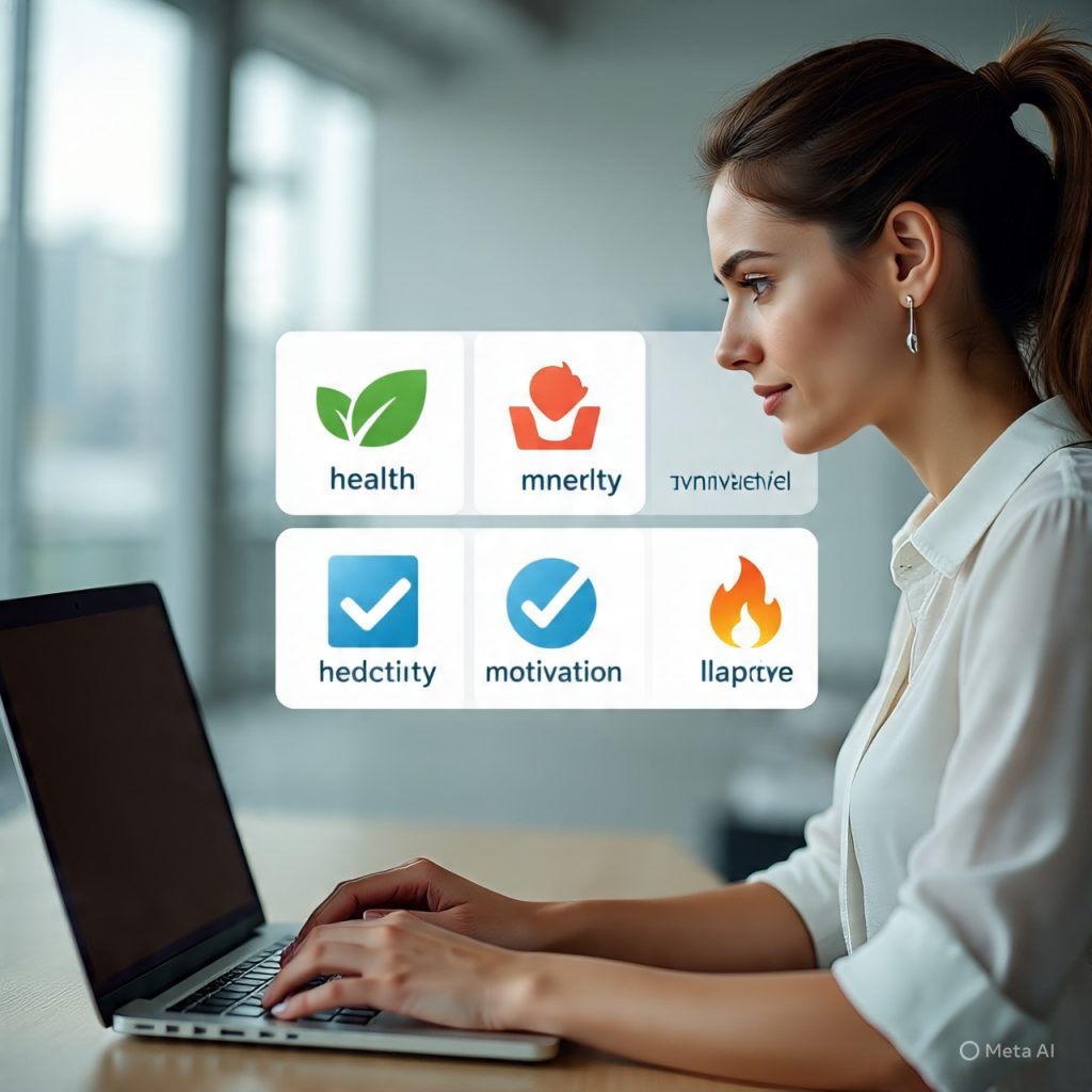A young professional woman working on a laptop in a bright modern office, with icons representing health, productivity, and motivation, illustrating how to maintain energy across different career phases.