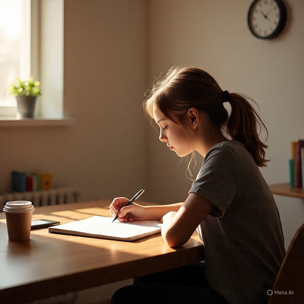 A realistic cinematic scene of a young girl sitting alone at a desk early in the morning, sunlight softly entering through a window, showing a calm and focused environment. The person is writing in a notebook with deep concentration, symbolizing discipline and self-control. On the desk, there is a clock, a cup of coffee, and a closed mobile phone kept aside to represent avoiding distractions. The room is minimal and clean, with warm natural lighting creating a peaceful and determined mood. The overall composition should reflect self-mastery, focus, and personal growth. Ultra-realistic, high detail, soft shadows, natural skin tones, 1600x778 resolution, no text.