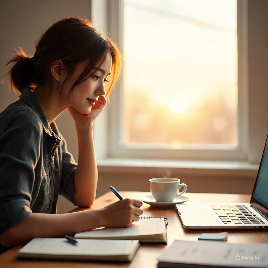A realistic, high-quality scene showing a young girl sitting at a desk by a window, working quietly with a notebook and laptop. Outside the window, a sunrise is visible, symbolizing slow and steady progress. The room is softly lit with warm natural light, creating a calm and focused atmosphere. On the desk, there are small signs of progress like checked to-do lists, scattered notes, and a cup of tea or coffee. The person looks thoughtful and determined, not stressed. The overall mood should represent patience, consistency, and gradual growth. Ultra-realistic style, cinematic lighting, shallow depth of field, 1600x778 resolution, no text.
