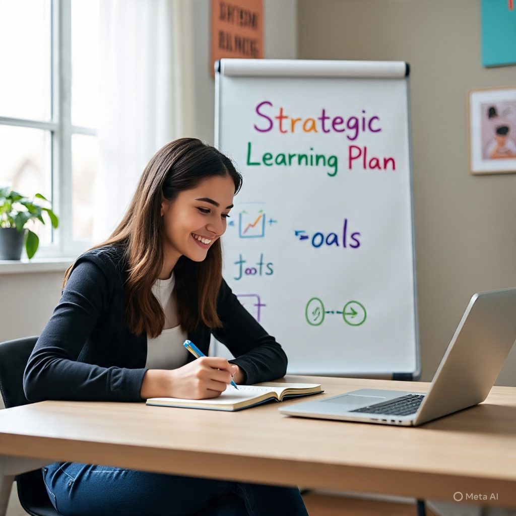 A young woman sits at a clean desk in a bright home office, smiling as she writes in a notebook beside her laptop. Behind her, a whiteboard displays a “Strategic Learning Plan” with steps, goals, and simple diagrams, creating a focused and organized learning environment.