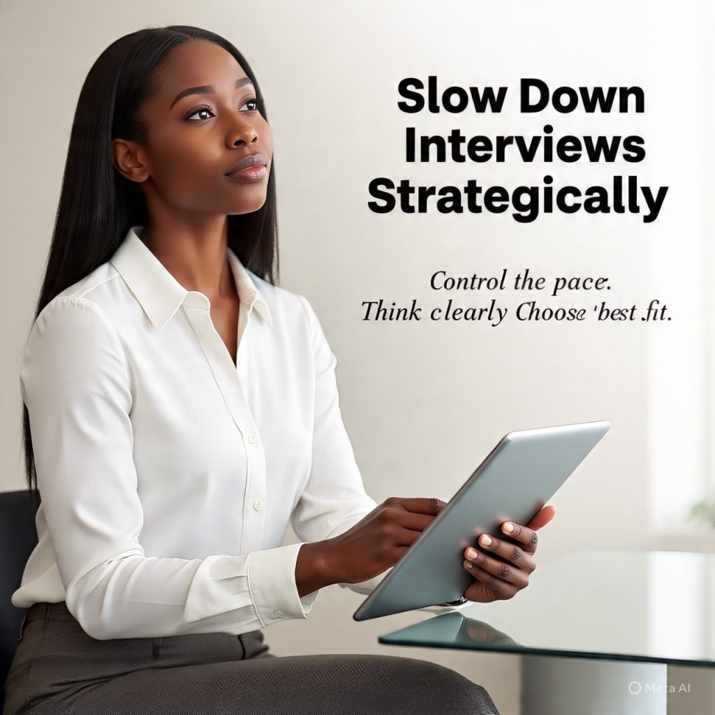 A professional woman sitting at a desk in a modern office, holding a tablet and thoughtfully looking to the side. On the right side of the image, bold text reads “Slow Down Interviews Strategically,” with supporting points: “Control the pace,” “Think clearly,” and “Choose the best fit.”
