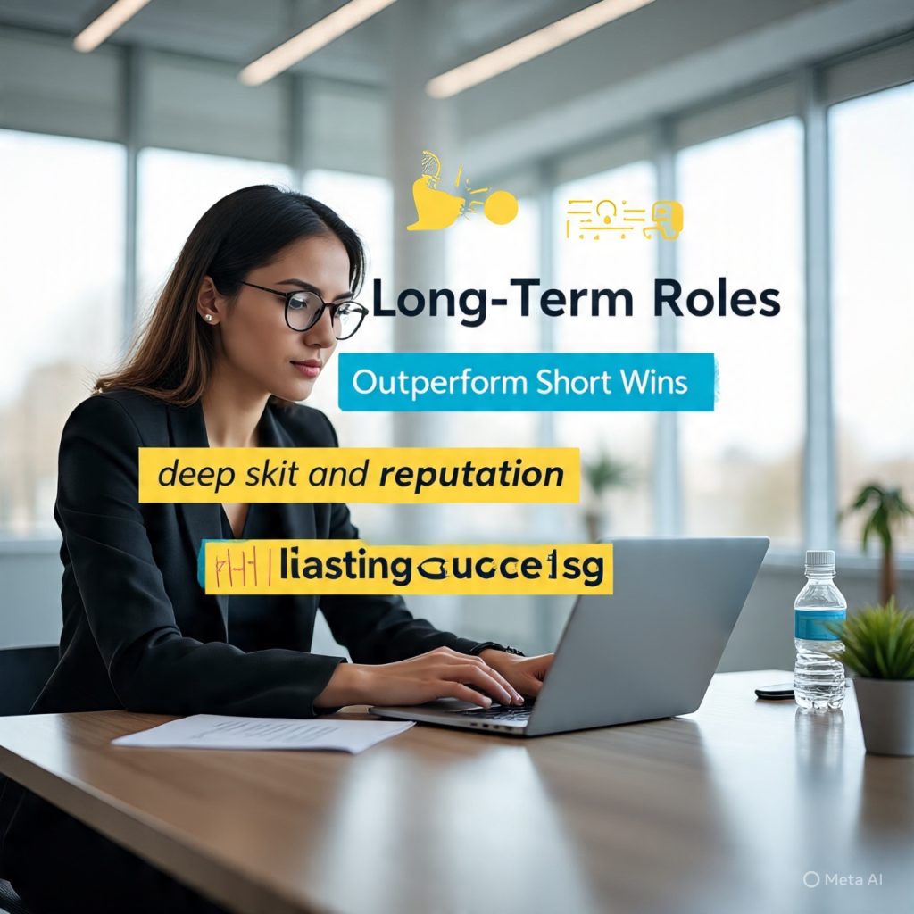 **Alt Text:**
A young professional woman sitting at a desk and working on a laptop in a bright, modern workspace, with text overlay that reads “Why Long-Term Roles Outperform Short Wins” and highlights key points like deep skills, trust and reputation, and lasting success.