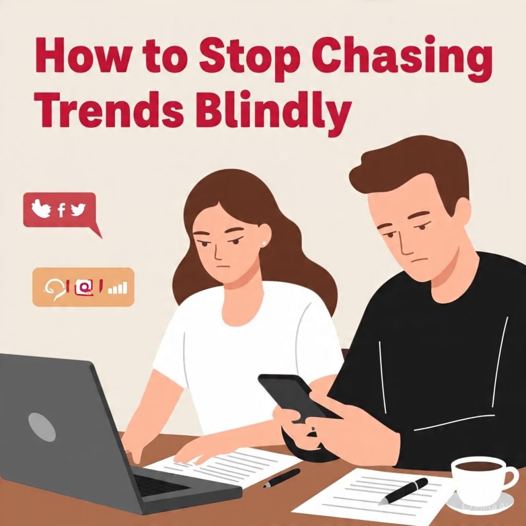 **Alt Text:**
A realistic illustration showing a focused woman working on a laptop at a desk while a distracted man looks at his phone surrounded by social media and trend icons, with the title “How to Stop Chasing Trends Blindly” displayed prominently, symbolizing the contrast between focus and distraction.
