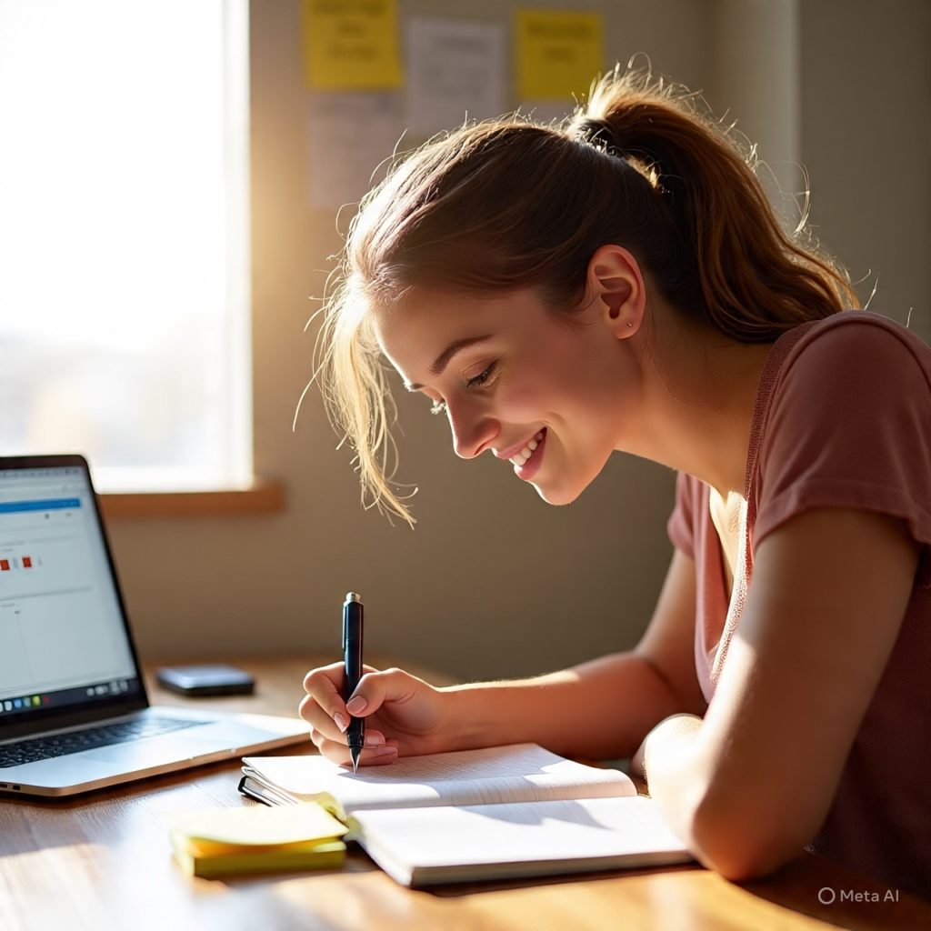A young woman sitting at a wooden desk near a bright window, smiling while writing in a notebook. A laptop displaying a calendar is placed beside her, along with sticky notes and a phone. The scene conveys planning, focus, and aligning daily decisions with future goals, with motivational text visible on the image.