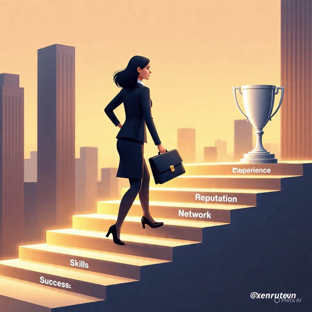 **Alt text:**
A realistic digital illustration showing the concept of career growth and compounding value over time. A professional woman carrying a briefcase is climbing a glowing staircase in a modern city setting during sunset. Each step is labeled with stages like “Skills,” “Reputation,” “Network,” and “Experience,” representing career progression. The staircase leads upward toward a bright trophy labeled “Success,” symbolizing achievement and long-term growth. The background shows tall buildings, warm golden lighting, and a hopeful, motivational atmosphere.
