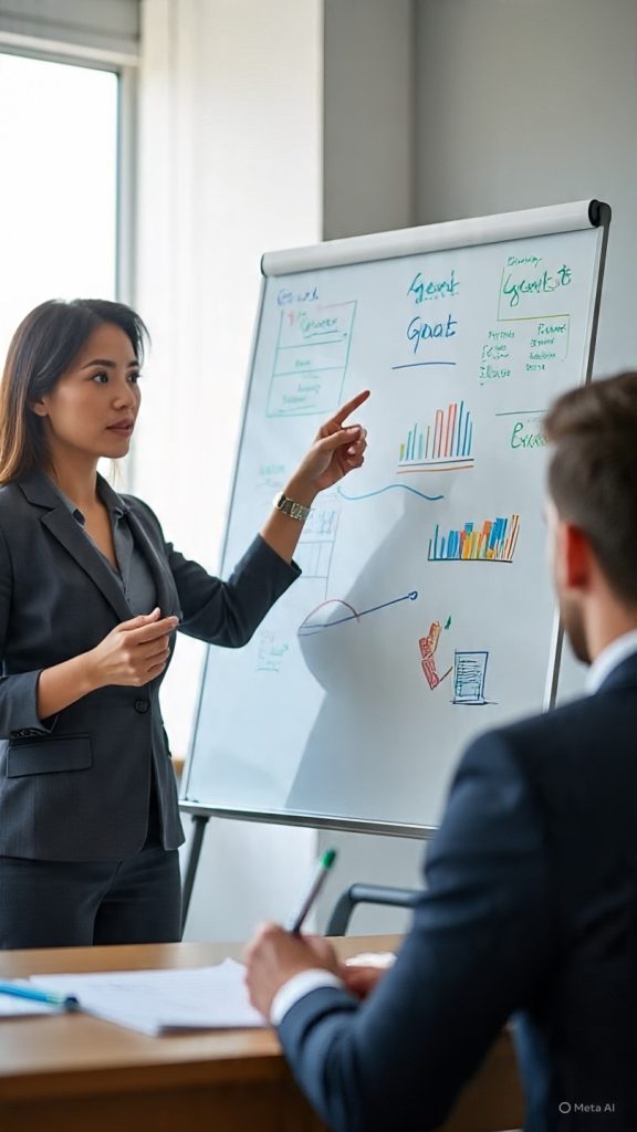 A professional office setting where a woman presents company goals on a whiteboard to a colleague, illustrating how individual contributions align with team objectives and business outcomes.
