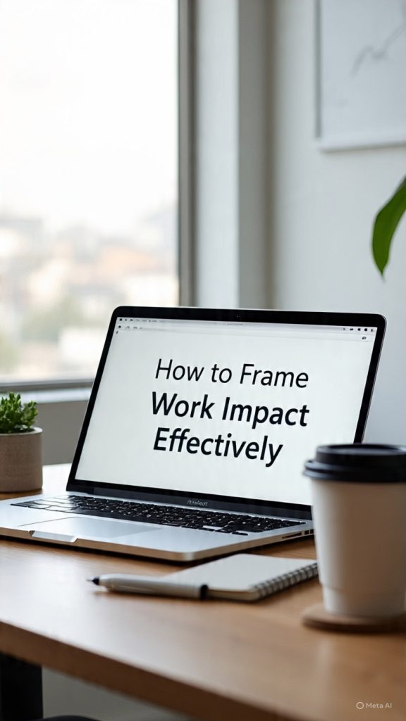 A modern workspace with a laptop on a wooden desk displaying a presentation titled “How to Frame Work Impact Effectively,” alongside a coffee cup, notebook, pen, and a small potted plant in a bright, natural-lit office setting.