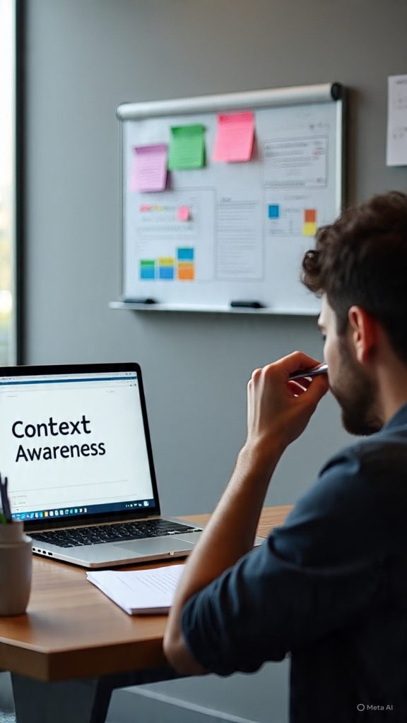 A realistic modern office scene showing a focused young professional sitting at a desk, working on a laptop with a “Context Awareness” presentation on the screen. A second monitor displays charts and data, while a whiteboard with notes and sticky papers is visible in the background. The person appears thoughtful, holding a pen near their face, with a calm and productive workspace lit by natural light.