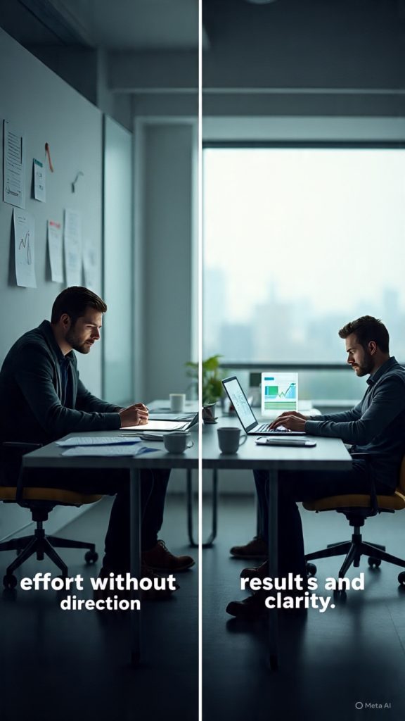 “A highly realistic cinematic office scene showing two contrasting work styles in the same frame. On the left side, a cluttered desk with scattered papers, a tired person working late at night under dim light, showing ‘effort without direction.’ On the right side, a clean and organized desk with a focused person working on a laptop with charts showing growth, bright natural morning light coming from a large window, symbolizing ‘results and clarity.’ Subtle visual divide between chaos and order. Modern office environment, ultra-detailed, shallow depth of field, soft shadows, professional photography style, 16:9 composition, 1600x778 resolution, motivational business concept, realistic lighting, high clarity, cinematic tone.”