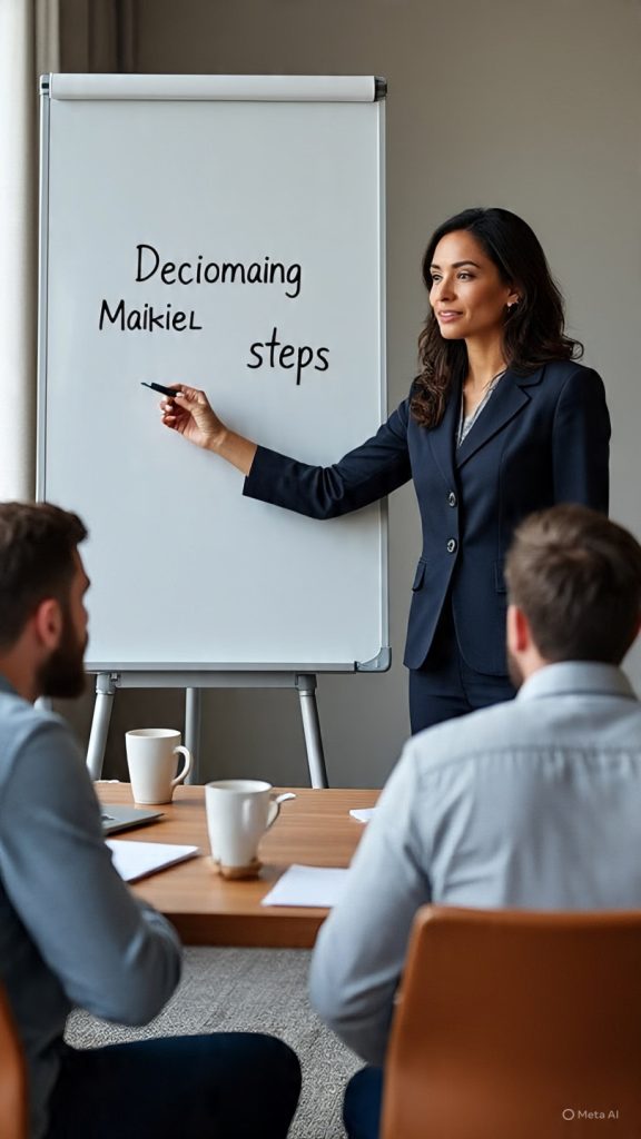 A female business leader stands in a modern office meeting room, presenting decision-making steps on a whiteboard to a group of attentive colleagues seated around a conference table with laptops and coffee mugs.