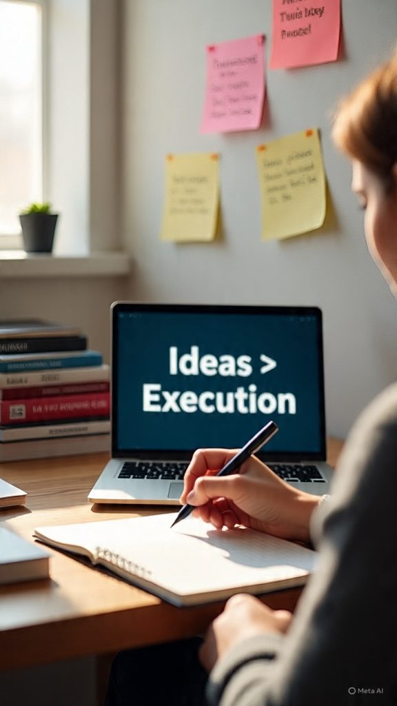 A realistic workspace scene with a wooden desk, a laptop displaying the message “Ideas > Execution,” a person writing in a notebook with goals listed, motivational sticky notes on the wall, and a stack of productivity books nearby, all lit by natural daylight to represent focus, discipline, and action.
