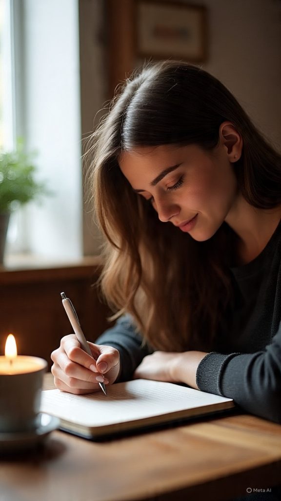 A young woman sits at a wooden table near a window, writing in a notebook with a focused expression. Soft natural light fills the cozy room, with a cup of coffee, a small plant, and a candle creating a calm, reflective atmosphere.