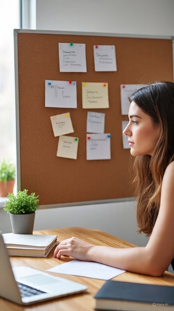 A young woman sits at a clean, modern desk, thoughtfully looking at a corkboard filled with notes about strengths, aligned roles, and career options. A laptop, books, and small plants are arranged neatly around her, creating a calm and productive workspace.
