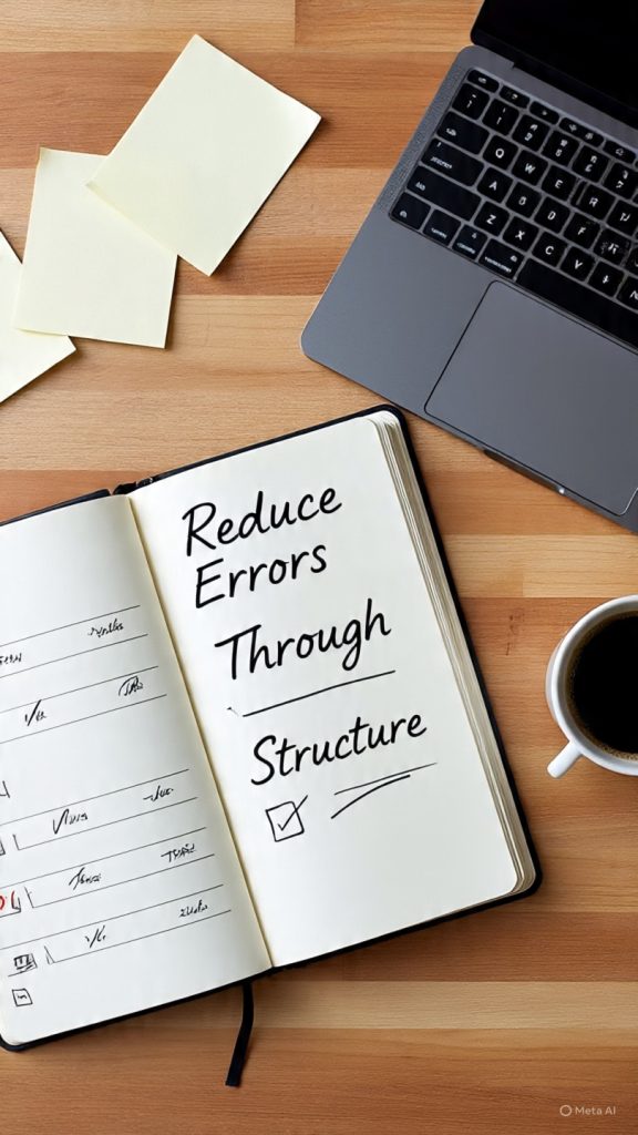 **Alt text:**
Overhead view of a clean wooden workspace showing a notebook with a structured workflow titled “Reduce Errors Through Structure,” a laptop with sticky notes, and a coffee mug, illustrating planning, checklists, and organized steps for reducing mistakes in work.

