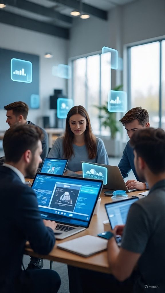 A highly realistic, cinematic modern workspace showing Gen Z professionals using AI to navigate the job market. A diverse group of young adults sitting in a bright, minimalistic co-working space with laptops, smartphones, and notebooks. Their screens display AI-powered job search dashboards, resume optimization tools, interview practice with AI avatars, LinkedIn profile editing with AI suggestions, and analytics charts for job applications.

Subtle futuristic holographic UI elements float in the air showing job matching scores, application tracking, skill recommendations, and career insights. The environment is clean, modern, and tech-driven with natural daylight coming through large windows, indoor plants, wooden desks, and coffee cups.

The mood is focused, ambitious, and innovative, highlighting how Gen Z is using AI to hack the job market. Ultra-realistic photography style, shallow depth of field, cinematic lighting, high detail, 4K quality, professional editorial look, wide aspect ratio (1600x778).