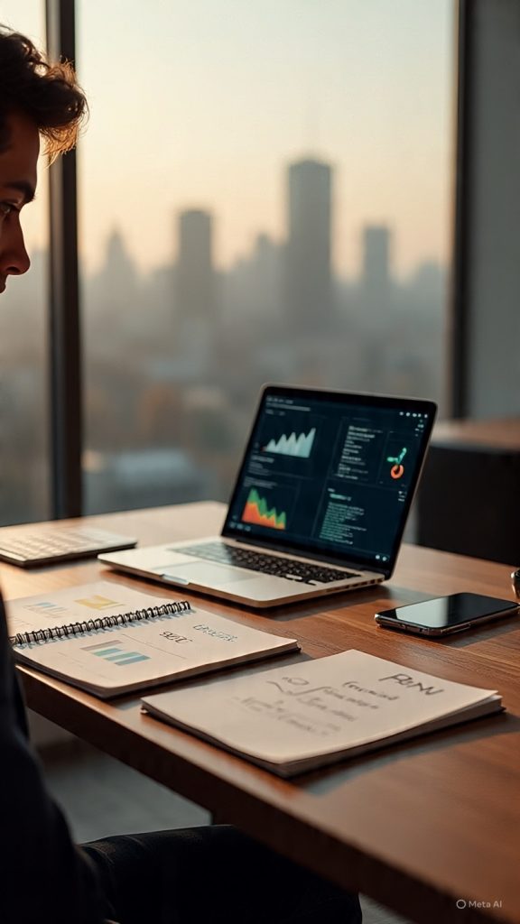 A highly realistic cinematic workspace scene representing career growth during an economic slowdown. A young professional sits focused at a modern wooden desk in a minimal, well-organized room during golden-hour evening light. The person is working on a laptop showing skill development graphs, learning dashboards, and content writing notes. On the desk are subtle symbols of growth: a notebook titled “Skill Upgrade Plan”, sticky notes with keywords like “AI tools”, “SEO”, “portfolio”, and a clean roadmap sketch showing progression steps. A smartphone beside the laptop displays an online learning platform.

Through a large window behind the desk, a calm city skyline is visible, slightly blurred, symbolizing a slow economic period outside. Inside, the mood is optimistic and determined. Soft warm lighting, shallow depth of field, ultra-detailed textures, photorealistic style, cinematic composition, inspirational atmosphere, professional photography, high dynamic range, 8K detail.
