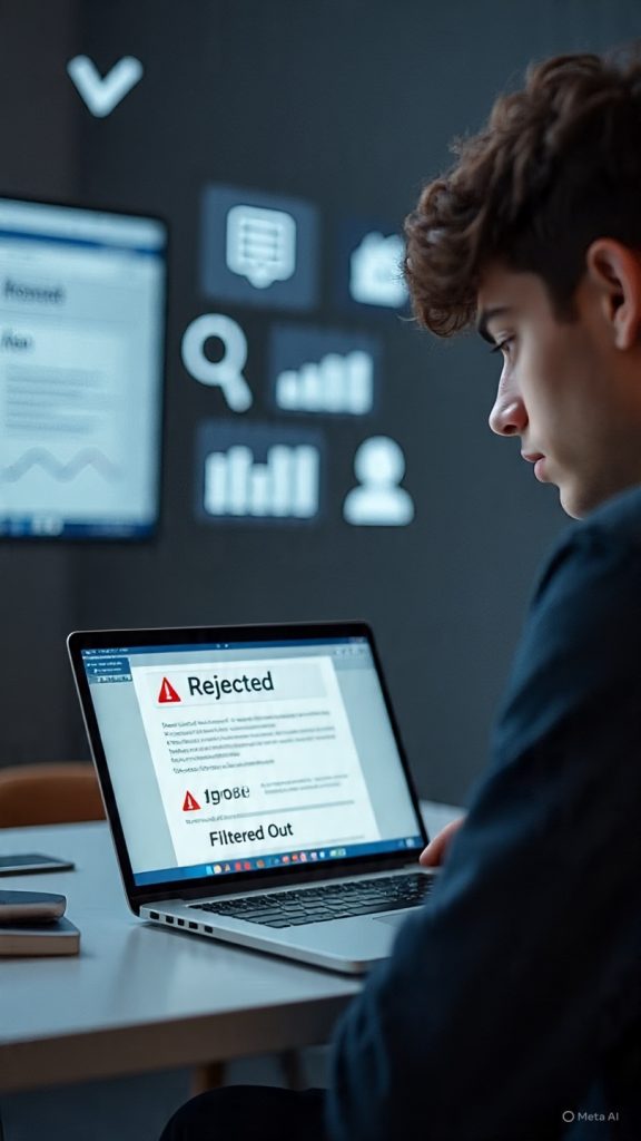 A realistic, modern workspace scene showing a young job seeker sitting at a laptop. On the screen, an AI-generated resume is visible with highlighted keywords and red warning signs like “Rejected,” “Ignored,” or “Filtered Out.” The person looks slightly confused or concerned while reviewing their application. In the background, subtle elements like floating AI icons, data graphs, and hiring symbols (resume, magnifying glass, recruiter silhouette) are visible. The lighting is soft but slightly dramatic to reflect tension. Clean desk setup with notebook and coffee cup. Ultra-realistic, high detail, 4K, professional photography style, depth of field, natural skin tones.