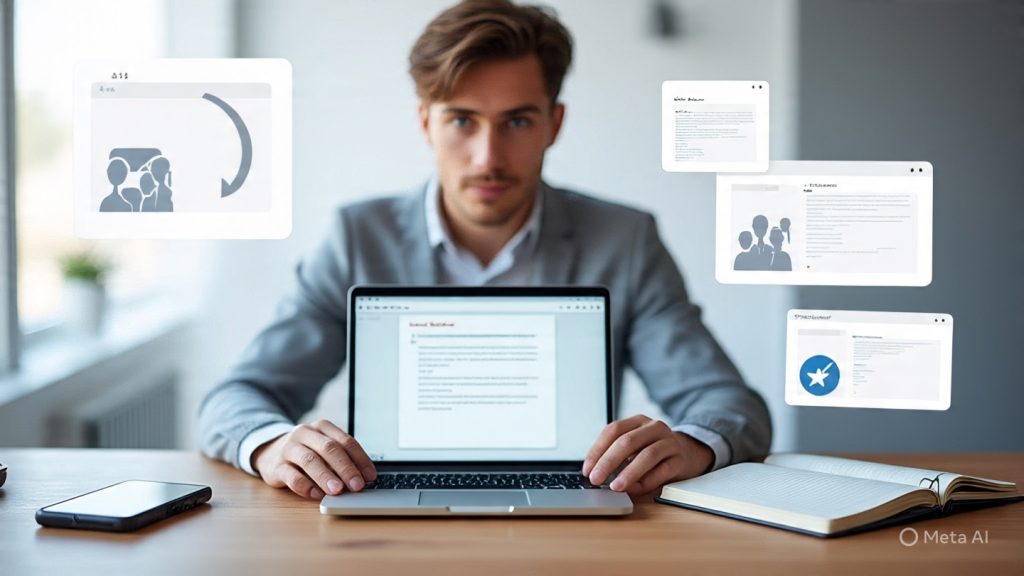 A realistic scene of a young professional sitting at a desk with a laptop, looking focused and prepared, with multiple career elements around them symbolizing a backup plan—such as a resume on screen, freelance projects, a notebook with goals, and a phone showing job notifications from platforms like LinkedIn and Upwork. The background subtly shows two paths: one uncertain and dark, and the other bright and stable, representing career security. Soft natural lighting, modern workspace, minimal aesthetic, motivational and professional mood, ultra-realistic, 1600x778 resolution, sharp focus, depth of field.