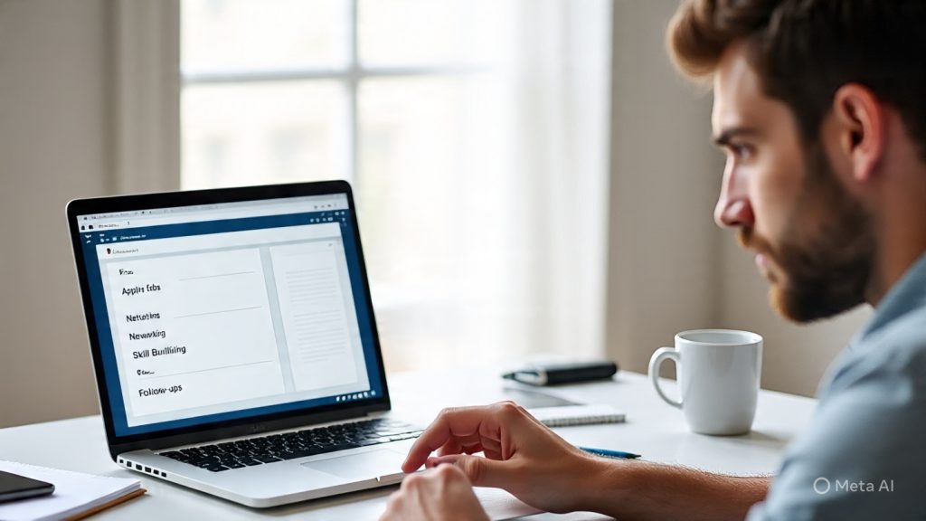 Job Search Routine
A realistic workspace scene of a young professional sitting at a clean desk, focused on a laptop while planning a weekly job search routine. The laptop screen shows a structured weekly planner with tasks like “Apply for Jobs,” “Networking,” “Skill Building,” and “Follow-ups.” The desk includes a notebook, pen, coffee mug, and smartphone. Natural daylight coming through a window, creating a calm and productive atmosphere. Minimalist room with soft neutral colors. The person looks focused and determined, symbolizing consistency and discipline. Ultra-realistic style, high detail, professional lighting, 1600x778 resolution, wide aspect ratio.
