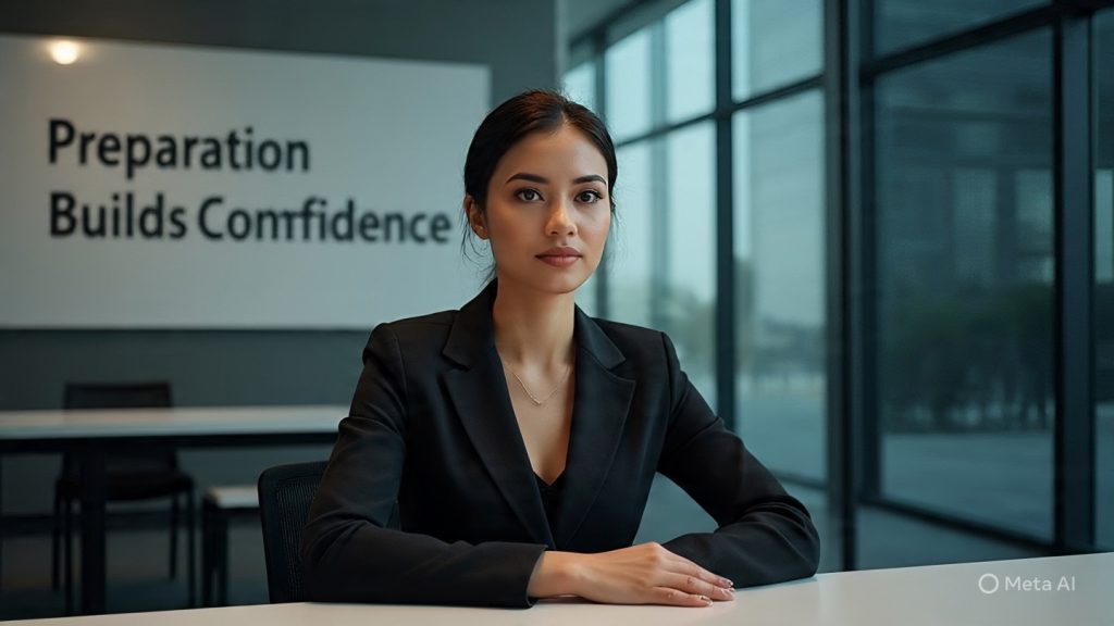 Confident young professional woman in a formal interview, sitting upright at a table in a modern glass office, maintaining eye contact and calm body language, with a “Preparation Builds Confidence” poster visible in the background.
