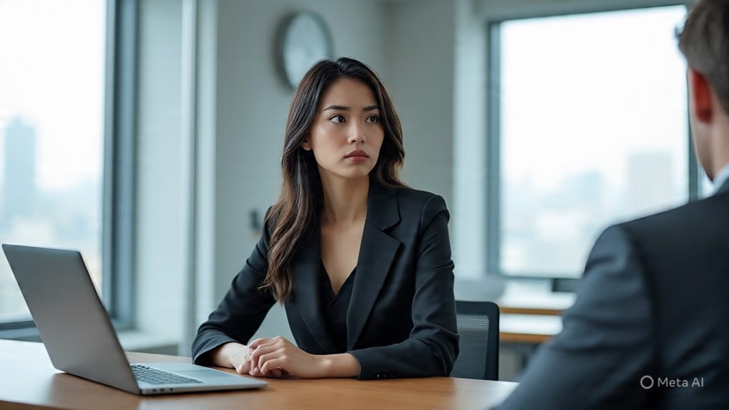 A realistic, high-resolution scene of a young professional sitting in a modern interview room, looking slightly tense but composed. The interviewer across the table appears unimpressed or distracted, glancing at a laptop. The candidate is taking a small breath, hands gently clasped, showing controlled calmness despite the situation. Soft natural lighting comes through a large window, creating a subtle contrast between tension and composure. The room has minimal decor—glass walls, a clock, and a neat desk setup. The candidate’s expression reflects self-control, resilience, and quiet confidence rather than panic.