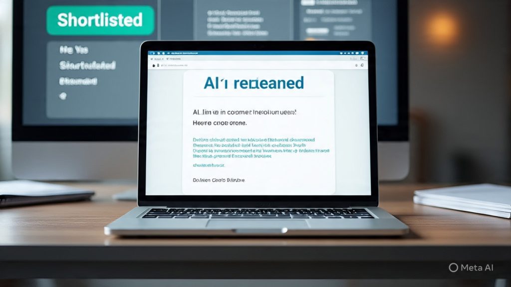 AI-Optimized Resumes
A modern professional workspace showing a laptop screen displaying an AI-optimized resume with clean layout, keywords highlighted, and ATS score graphics. A recruiter dashboard in the background showing “Shortlisted” status. Soft lighting, minimal aesthetic, realistic style, high detail, shallow depth of field, corporate and tech atmosphere, 4k resolution.