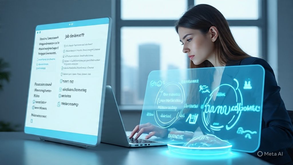 Use AI to Decode Any Job Description
A modern, minimal workspace scene showing a young professional analyzing a job description on a laptop with AI holographic interface elements floating around. The screen displays highlighted keywords, skill clusters, and interview questions being decoded in real time. On one side, a messy long job description transforms into a clean structured checklist. Soft blue and white lighting, futuristic but realistic style, focused and productive mood, depth of field, high detail, cinematic composition, professional career growth concept, subtle tech glow effects.