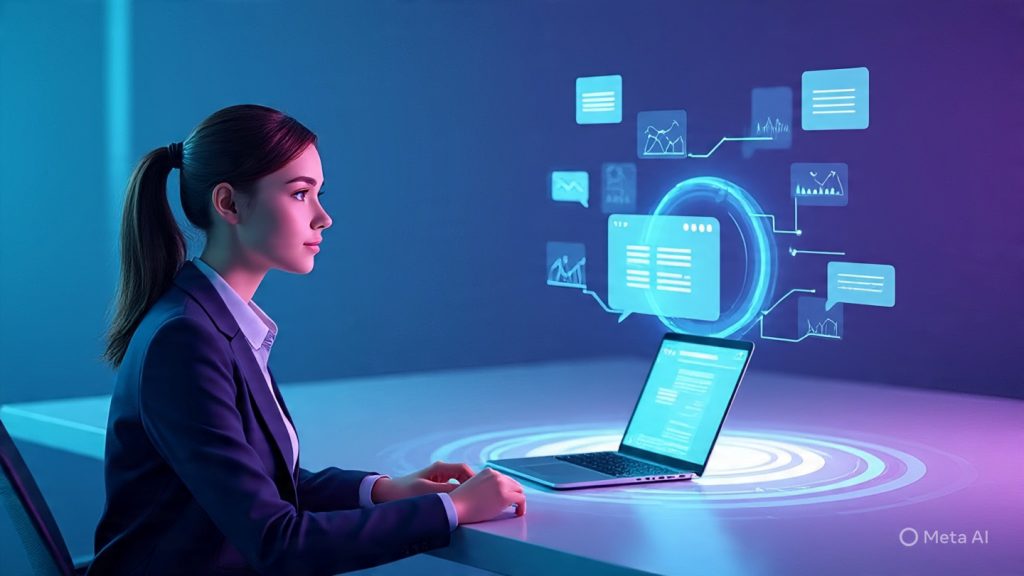 Best AI Tools
Create a modern, high-quality digital illustration for a blog banner about AI interview preparation. The scene shows a young professional sitting confidently at a clean desk with a laptop, practicing a virtual interview. In front of them is a futuristic holographic AI interviewer interface displaying interview questions, chat bubbles, rating stars, and feedback analytics.

The environment is minimal and modern, with a soft glowing workspace. Around the interface are subtle tech elements like floating icons (resume document, chat symbols, graphs, neural network patterns).