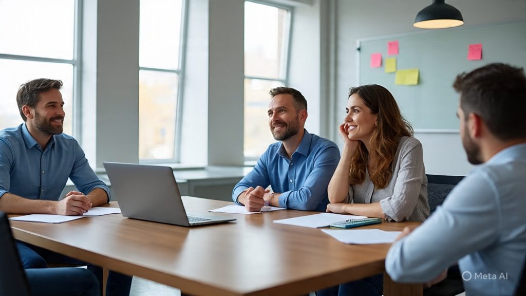 “A modern professional workplace scene showing a new team leader sitting in a meeting room with a diverse team. The leader is actively listening while team members are speaking, showing engagement and empathy. The atmosphere is positive and collaborative, with sticky notes on a glass board, laptops open, and natural light coming through large windows. The leader has a calm and approachable expression, symbolizing trust-building. Subtle visual elements like hand gestures, nodding, and open body language highlight communication and transparency. Realistic, cinematic lighting, high detail, 4K, professional corporate photography style, shallow depth of field, warm tones.”