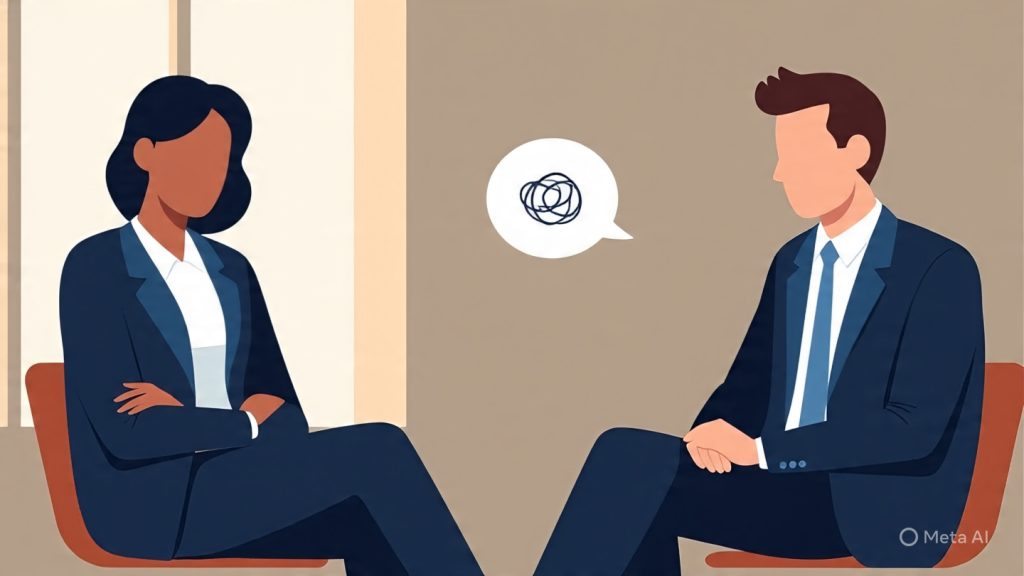 A professional, modern illustration of a job interview setting where a candidate briefly looks surprised or slightly embarrassed after saying something, but quickly recovers with a confident smile and steady posture. The interviewer remains calm and attentive, showing understanding. Subtle visual metaphor of recovery: a small speech bubble with a scribble transforming into a clean, clear idea symbol. Clean corporate environment, soft natural lighting, warm neutral tones. Focus on emotional shift from awkwardness to confidence. Cinematic composition, shallow depth of field, high detail, realistic digital illustration style, optimistic and professional mood, no text, no watermark.