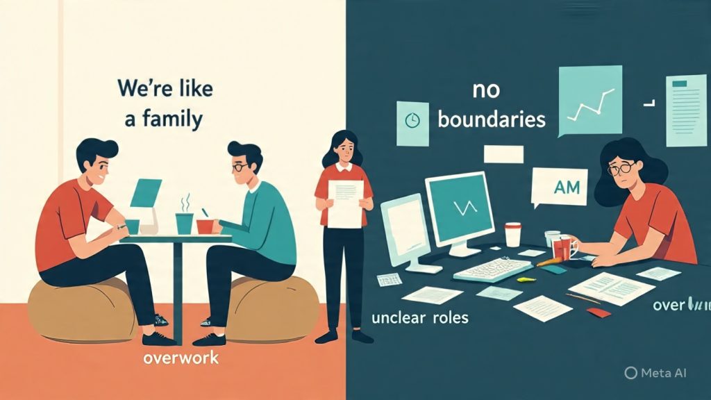 A split-scene illustration showing two contrasting realities of a startup job. On the left side, a bright, polished startup office with smiling people casually chatting, bean bags, coffee mugs, and phrases like “We’re like a family” floating subtly in the air. On the right side, the hidden reality—dim lighting, a tired employee surrounded by multiple screens, messy sticky notes, late-night clock showing 2 AM, and faint shadow text like “no boundaries,” “overwork,” and “unclear roles.” In the center, a person stands between both worlds, looking confused, holding an offer letter. Clean modern art style, soft gradients, minimalistic yet expressive, high contrast between warm and cool tones, cinematic lighting, ultra-detailed, professional blog header composition.

Size: 1600 × 778 px
Style Keywords: modern illustration, minimal, cinematic lighting, symbolic, startup culture, contrast storytelling