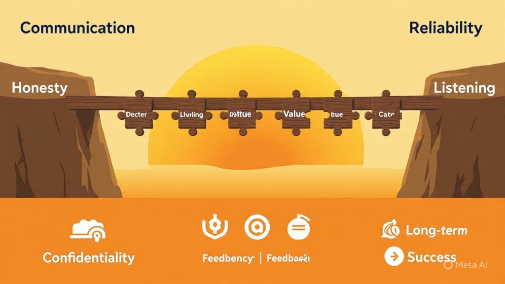 Build Long-Term Trust
Infographic showing a bridge made of wooden puzzle pieces connecting two cliffs labeled “Clients” and “Candidates.” Each puzzle piece highlights trust-building elements like communication, honesty, reliability, listening, and delivering value. The background features a sunrise, symbolizing growth and long-term relationships, with icons below representing confidentiality, feedback, consistency, and long-term success.