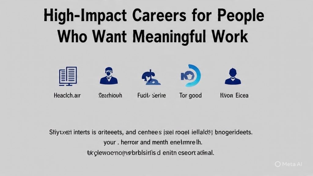 “Infographic titled ‘High-Impact Careers for People Who Want Meaningful Work’ showing nine career paths including healthcare, teaching, social work, environment and climate, public service, technology for good, journalism and content creation, psychology and mental health, and entrepreneurship with purpose, each illustrated with simple icons and short descriptions explaining how each field contributes to positive social impact. The bottom section shows steps for choosing a meaningful career such as identifying interests, strengths, exploring problems, and starting small.”