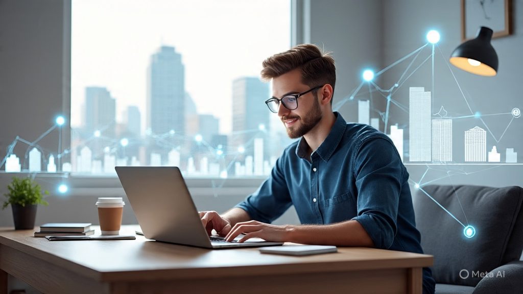 Careers
A modern digital workspace showing a young professional working on a laptop from a cozy home setup in a small Indian city. The background subtly blends multiple Indian cityscapes (Delhi, Jaipur, Kochi, Pune) connected through glowing digital lines, symbolizing remote work freedom. The scene includes soft natural lighting, a coffee cup, notebooks, and a calm productive vibe. The atmosphere reflects freedom, flexibility, and modern remote careers. Clean, minimal, inspirational, cinematic style, high detail, realistic illustration.
