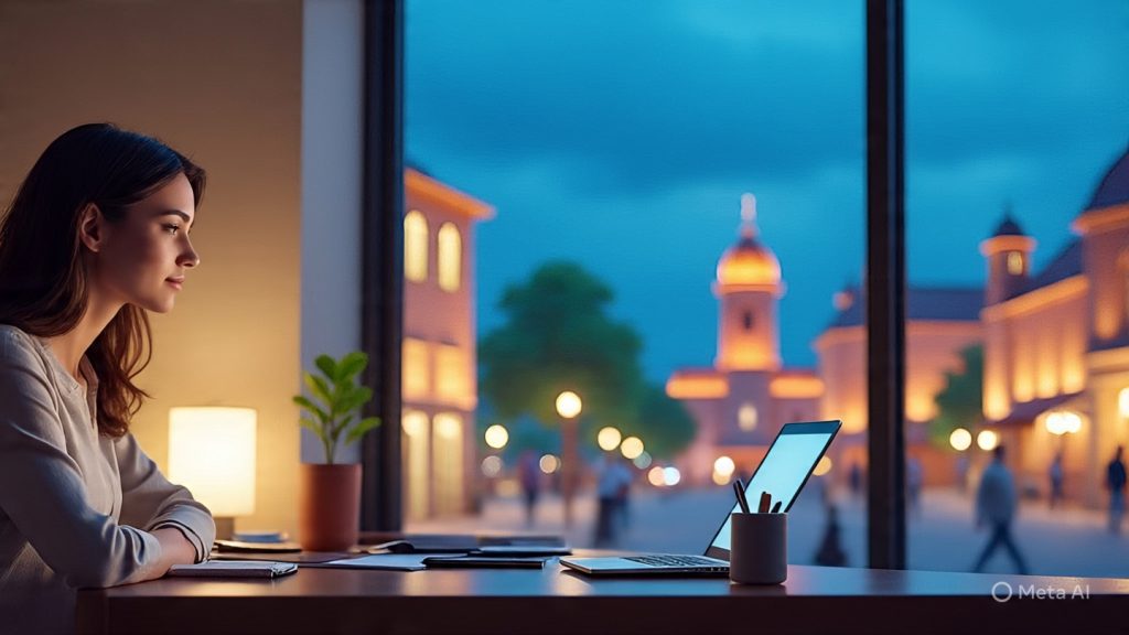 A cinematic closing scene showing a confident young professional closing a laptop while sitting in a peaceful home workspace. Outside the window, a blend of Indian city skylines fades into a glowing digital network, symbolizing remote work opportunities across India. The atmosphere is warm, inspiring, and hopeful, with soft golden light, plants, and minimal desk setup. The scene represents freedom, career growth, and flexibility. Ultra-realistic, modern digital illustration, high detail, motivational mood, depth of field.