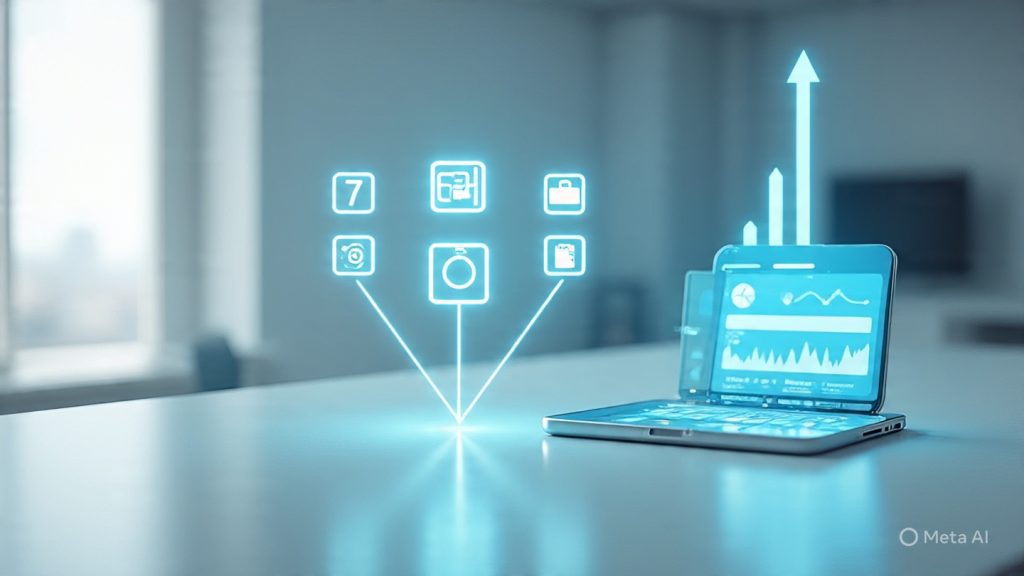 7-Day Profile Makeover
A futuristic and minimal career growth concept showing a glowing 7-day checklist timeline floating in mid-air, each day represented by a small icon (profile, camera, bio text, briefcase, portfolio, analytics, network), a smartphone displaying a professional profile dashboard with rising graph, soft blue and white ambient lighting, modern workspace background without laptop or people, subtle glowing particles symbolizing opportunities, highly detailed, realistic 3D render style, cinematic depth of field, 16:9 composition, clean and inspirational career advancement theme