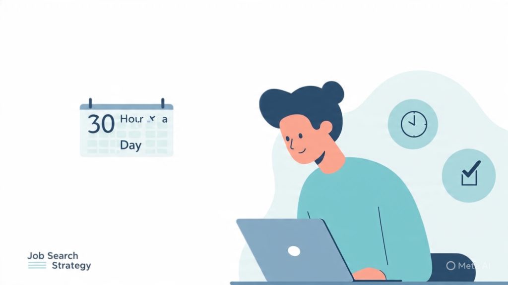 One Hour a Day Strategy
A clean, minimal illustration showing a person sitting at a desk with a laptop, a small clock beside them highlighting “1 Hour,” and a simple calendar in the background marking 30 days. The scene should feel calm and focused. Include subtle elements like a checklist, a resume icon, and small connection/network symbols floating around to represent job search activities. Use soft colors like light blue, white, and pastel tones. Keep the design modern, uncluttered, and professional. Add text: “One Hour a Day Job Search Strategy” in a simple, elegant font.

