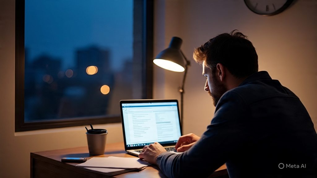 Night-Time Job Search Routine
A calm night-time workspace scene with a working professional sitting at a desk after office hours, softly lit by a warm desk lamp. The person is focused on a laptop showing a job search or resume screen. A cup of tea or coffee is placed nearby, along with a notebook and pen. Outside the window, a dark blue night sky with city lights glowing subtly. The atmosphere feels peaceful, productive, and slightly introspective—not stressful. The room is minimal, clean, and modern. Add subtle elements like a clock showing late evening and a soft ambient light glow. No clutter, no distractions. Cinematic lighting, realistic style, high detail, professional blog banner composition, wide angle, 1600x778.