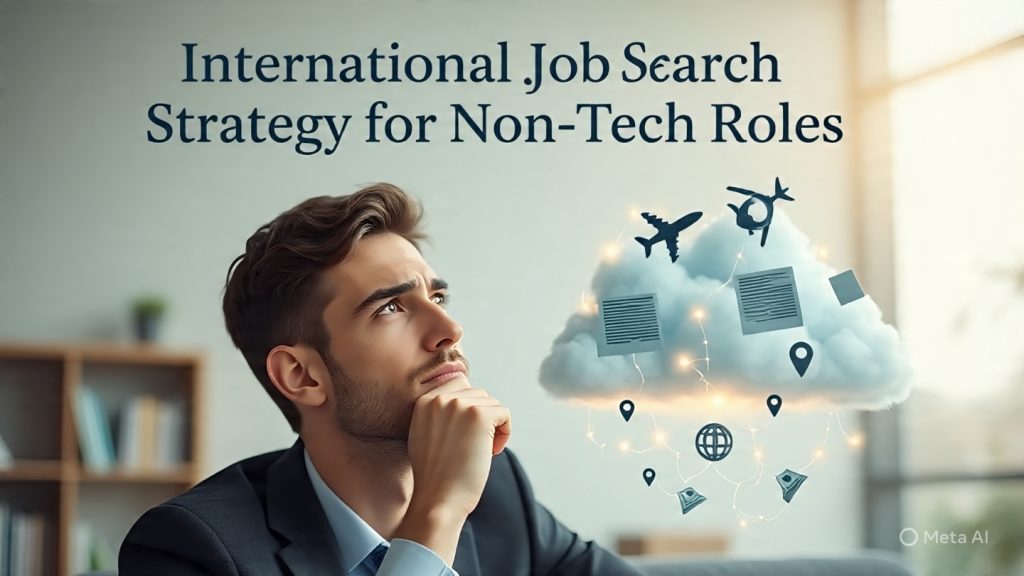 A thoughtful young professional sitting in a calm indoor environment, gently resting their chin on their hand while looking slightly upward in deep thought. Above their head is a creative imagination cloud showing symbolic elements floating together: a flying airplane representing international travel, a professional resume document, stacks of money symbolizing income growth, and subtle global elements like a globe or map pins. The imagination elements are glowing softly, connected with light lines to show aspiration and ambition. The scene feels modern, hopeful, and motivational with soft lighting, cinematic depth, and a clean aesthetic.
At the top of the image, the title appears in elegant typography: *“International Job Search Strategy for Non-Tech Roles”*.