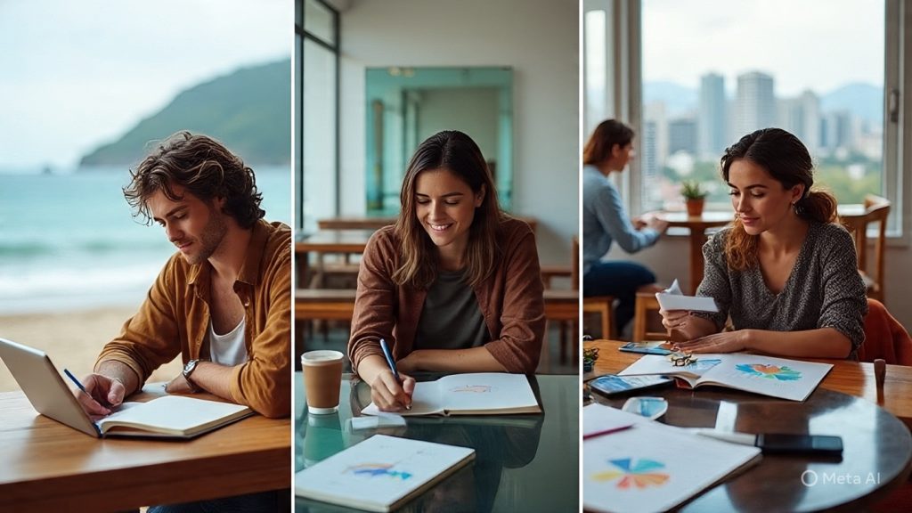 A vibrant and inspiring scene showing five diverse digital nomads working in different environments around the world, all connected by a subtle visual theme. One person is sitting near a beach with a notebook and coffee, another is working from a cozy mountain cabin with a journal, the third is in a modern co-working space brainstorming ideas on a glass board, the fourth is sitting in a colorful café sketching designs on paper, and the fifth is standing on a balcony overlooking a city while planning content on a tablet. Each person represents a different profession like writing, designing, marketing, teaching, and content creation. The atmosphere should feel creative, free, and global, with soft natural lighting, warm tones, and a sense of independence. No v…