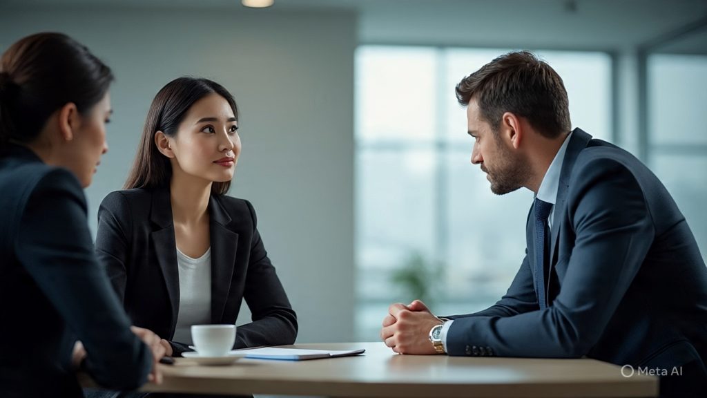 A professional job interview or salary negotiation scene where a confident young woman is calmly discussing with a recruiter across a desk. The woman has a composed expression, slightly smiling, showing confidence without arrogance. The recruiter looks attentive and respectful. On the table are a resume, notepad, and a cup of coffee. The background is a modern office setting with soft lighting. Subtle visual contrast: on one side, a faint shadow version of the same woman looking stressed and desperate (head down, worried), and on the other side, her current confident version—symbolizing balanced negotiation. Clean, minimal, professional aesthetic, realistic style.