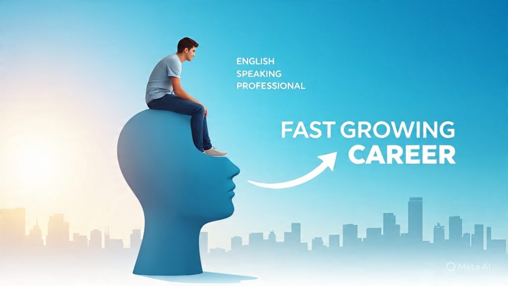 A conceptual motivational infographic showing a young person sitting on top of a large head labeled “ENGLISH SPEAKING PROFESSIONAL.” The background is a bright sky with a sunrise and a distant city skyline. From the head, a large curved arrow points toward bold text reading “FAST GROWING CAREER,” symbolizing career growth opportunities for English-speaking professionals