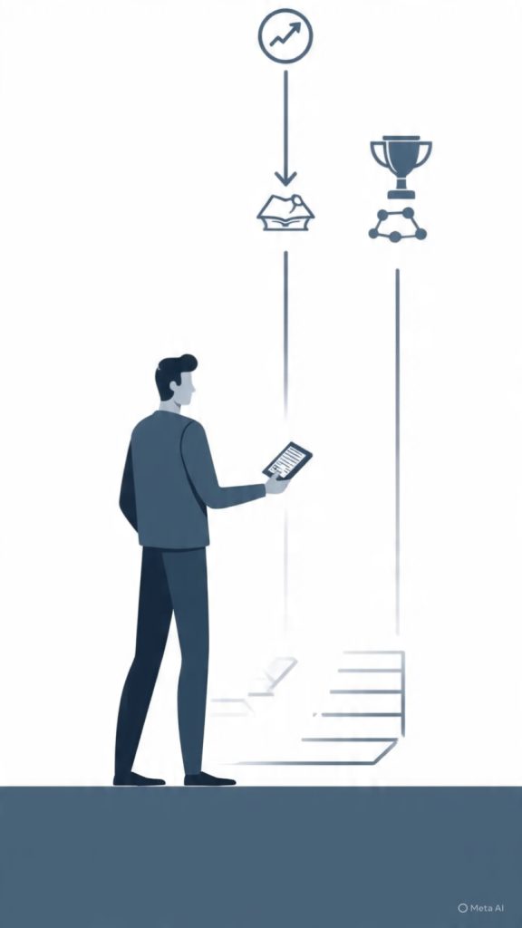 A clean, modern professional illustration showing a person standing at a crossroads with multiple glowing paths ahead, each path symbolizing different career directions. The person looks confident and hopeful, holding a small roadmap or checklist in hand. Above the paths, subtle icons represent growth (graph upward arrow), learning (book), networking (connected nodes), and success (trophy). The background is bright and motivational with a sunrise or light gradient symbolizing new beginnings. Minimal, corporate-style design with a focus on career transformation and future growth. High detail, soft lighting, inspirational mood, 16:9 wide banner composition.