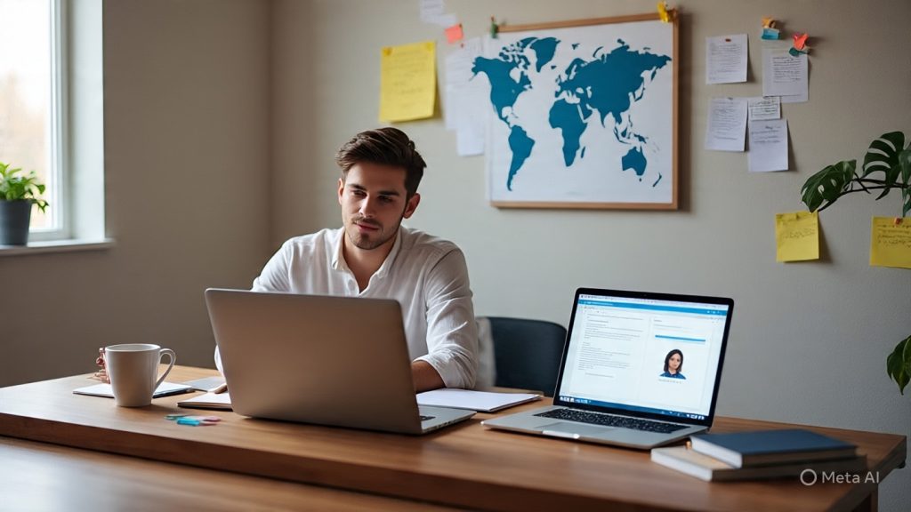Global Career
A realistic modern home office scene showing a young man working on a laptop while focusing on career growth. He is sitting at a wooden desk with two open laptops displaying a resume and LinkedIn profile. The workspace includes a coffee cup, stationery, books, and a neat organized setup. On the wall behind him are a world map, sticky notes, and a goals checklist highlighting skills, internships, and global career aspirations. The overall setting represents remote work, professional development, and building a global career from home.