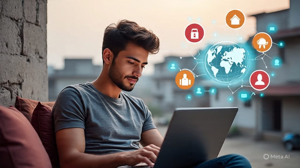 People in Tier-2 and Tier-3 Cities
A young professional sitting with a laptop in a small-town Indian setting (simple room or rooftop), working remotely. In the background, subtle elements of a Tier-2/3 city like small houses or narrow streets. Around the person, floating icons representing different remote careers such as content writing, digital marketing, graphic design, video editing, and online teaching. A glowing connection line or world map overlay showing global opportunities. Lighting should feel warm and hopeful, symbolizing growth and opportunity. Wide banner format, modern and minimal style.