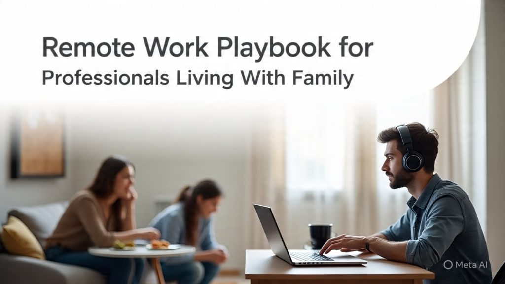 A realistic, modern remote work setup inside a middle-class Indian home. A young professional (male or female) sitting at a small desk in a corner, working on a laptop with focus. In the background, slightly blurred, family members are engaged in daily activities like talking, watching TV, or cooking. The workspace looks organized with a notebook, coffee mug, and headphones. Natural daylight coming from a window. The mood shows balance between work and home life. Minimal, clean composition with soft colors. Add subtle visual contrast between the quiet workspace and active home environment. Title text on image: "Remote Work Playbook for Professionals Living With Family". No extra text.