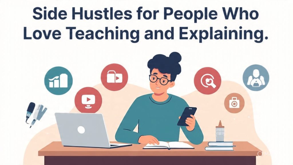 Side Hustles
A modern, realistic digital illustration of a young person sitting at a desk using a laptop and smartphone, teaching or explaining concepts online. Around them are floating icons representing different side hustles like online tutoring, YouTube, content writing, and coaching. The background shows a cozy home workspace with soft lighting. On one side, small elements like books, a microphone, and a camera symbolize teaching and content creation. The person looks confident and focused while explaining. Minimal and professional design.